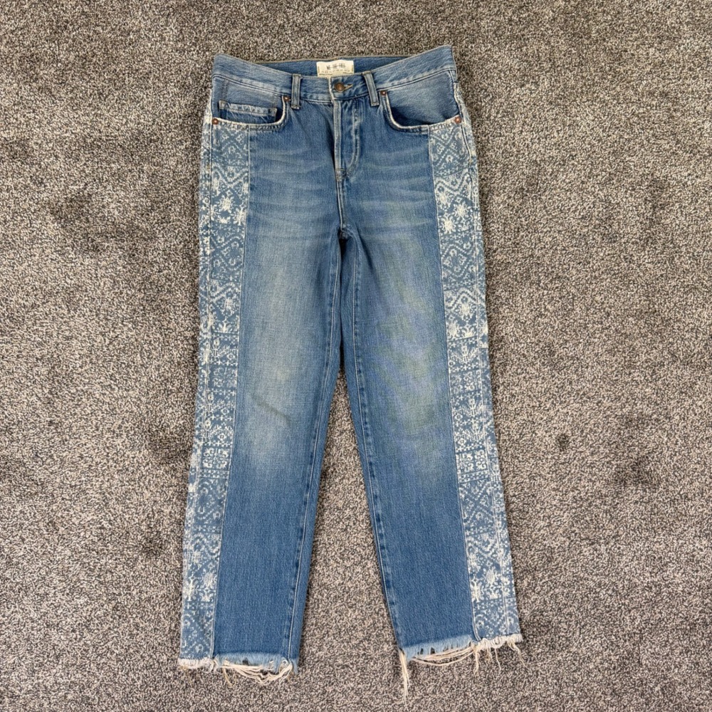 We The Free Free People Paisley Side Panel Straight Leg Fit Jeans Womens 25 Blue